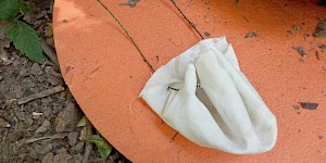 Die Schnur nutzen wir, um einen Beutel herzustellen. Jetzt können wir zum Beispiel Zunder sammeln. Beutel