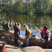 Familien am Teichufer.